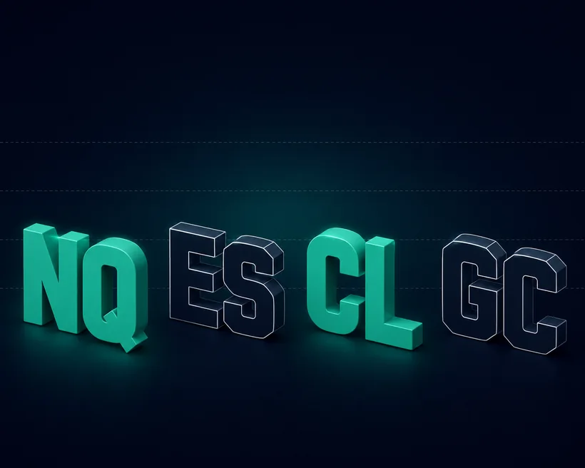 Funded futures trading: NQ ES CL GC 3D ticker symbols