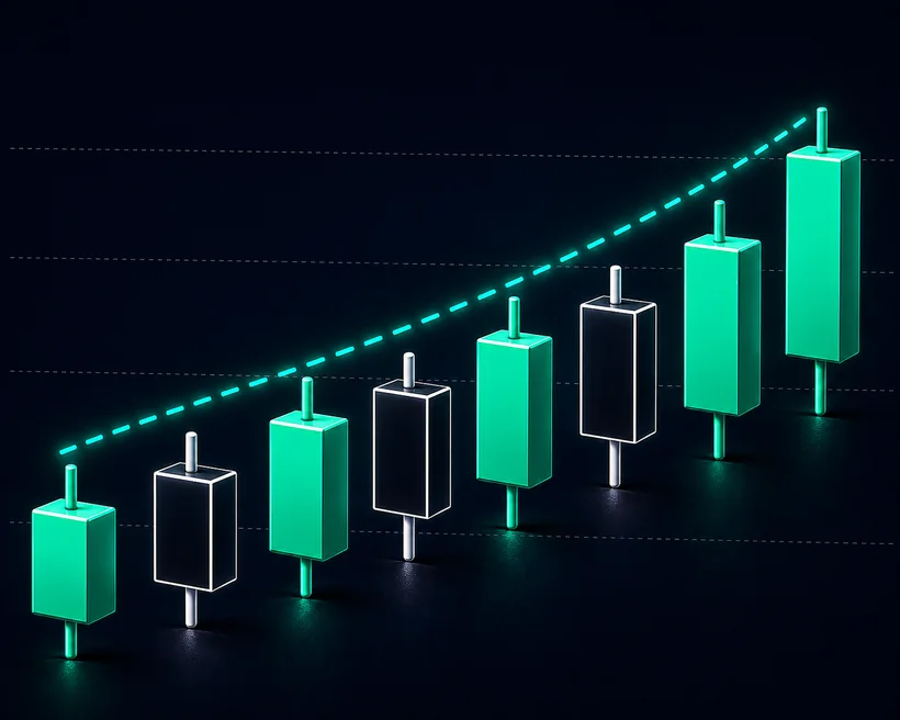 Funded stock trading: ascending candlestick chart