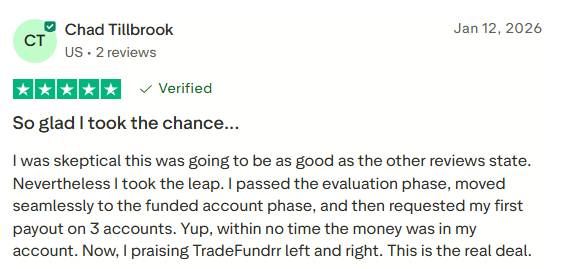 Chad Tillbrook, US, 2 reviews. Five stars, marked Verified in the supplied screenshot. So glad I took the chance... I was skeptical this was going to be as good as the other reviews state. Nevertheless I took the leap. I passed the evaluation phase, moved seamlessly to the funded account phase, and then requested my first payout on 3 accounts. Yup, within no time the money was in my account. Now, I praising TradeFundrr left and right. This is the real deal.